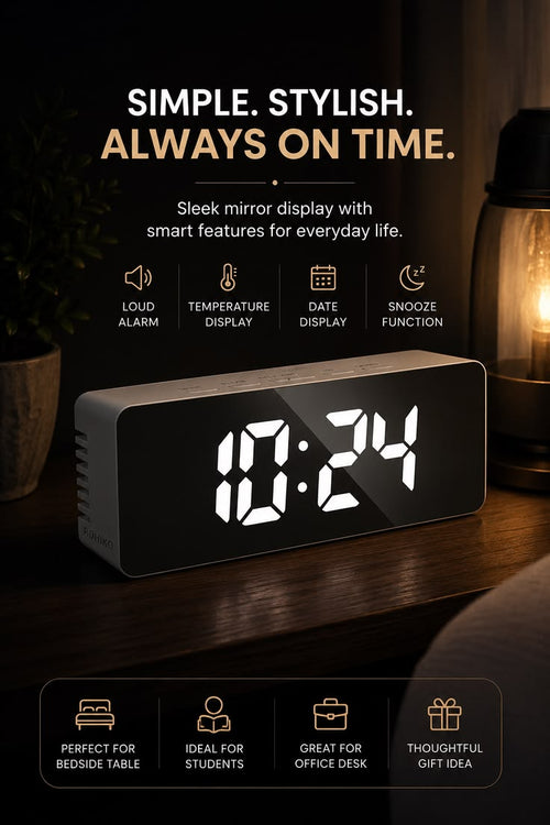 Digital LED Mirror Alarm Clock for Table, Smart Alarm Clock for Heavy Sleepers & Students, Sensor Date Temperature Display, Night Clock for Bedroom, Home & Office